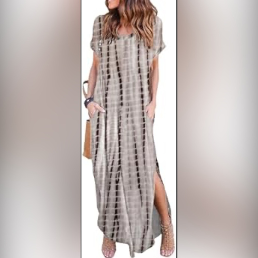 Gray and White Maxi Sundress with Slit